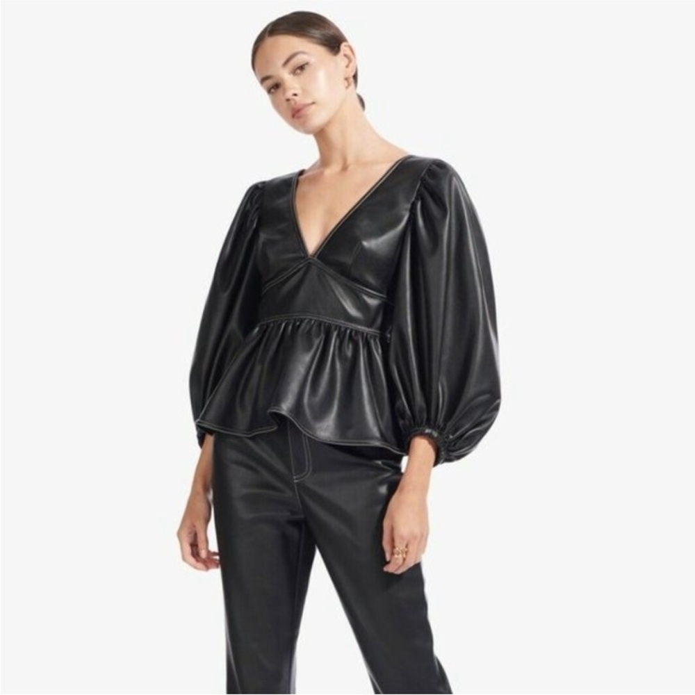 Black Faux Leather Puff Sleeve Top